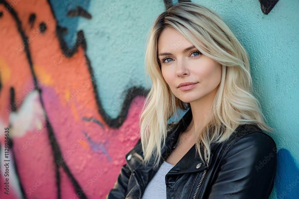Caucasian woman, blonde, leather jacket, graffiti wall, urban background, confident look, medium close-up, bright lighting, vibrant colors, modern, edgy style 4 Caucasian woman, blonde, leather jacket, graffiti wall, urban background, confident look, medium close-up, bright lighting, vibrant colors, modern, edgy style 4