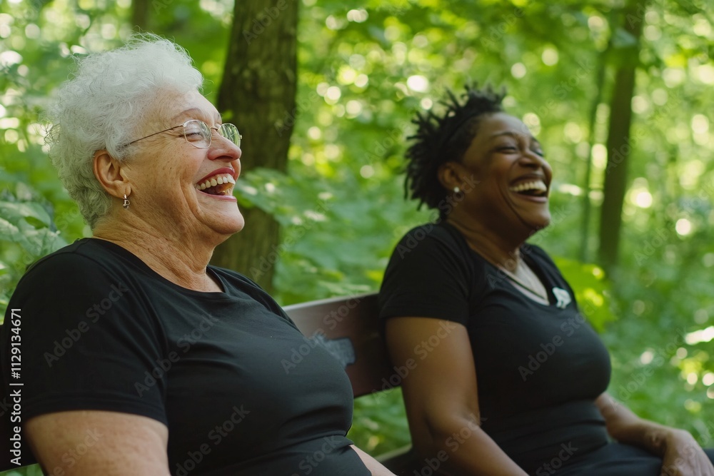 Best friends, elderly women, sitting on a park bench, laughing heartily, surrounded by lush greenery, summer sun filtering through trees, bright and joyful atmosphere 1 Best friends, elderly women, sitting on a park bench, laughing heartily, surrounded by lush greenery, summer sun filtering through trees, bright and joyful atmosphere 1