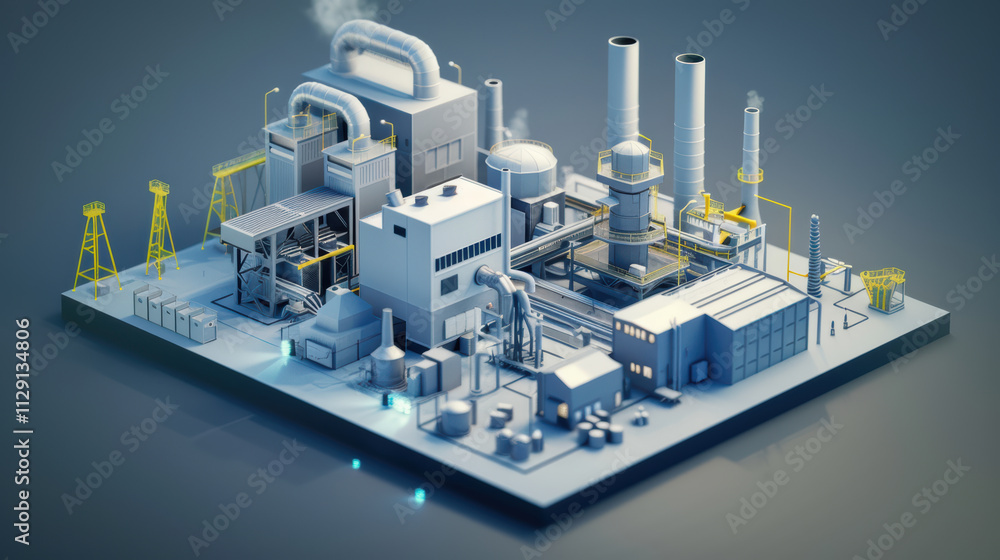 detailed industrial factory model featuring smokestacks, pipes, and machinery, showcasing modern manufacturing environment with clean design detailed industrial factory model featuring smokestacks, pipes, and machinery, showcasing modern manufacturing environment with clean design