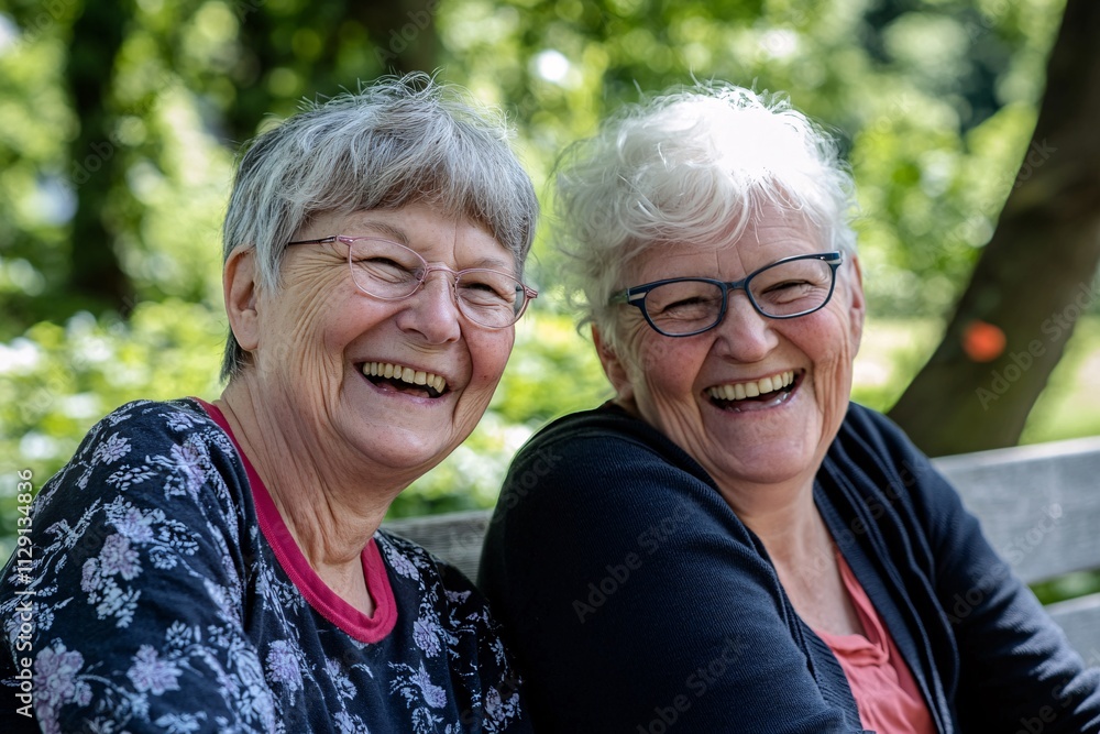 Best friends, elderly women, enjoying a sunny summer day on a park bench, smiling and laughing together, the love between them visible in their expressions, medium close-up 1 Best friends, elderly women, enjoying a sunny summer day on a park bench, smiling and laughing together, the love between them visible in their expressions, medium close-up 1