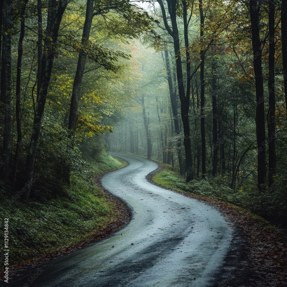 Naklejka premium winding road through a misty forest