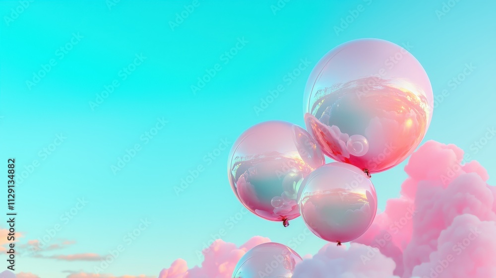 Floating pastel balloons against a sky of soft clouds dreamy atmosphere aerial view whimsical concept for celebrations Floating pastel balloons against a sky of soft clouds dreamy atmosphere aerial view whimsical concept for celebrations
