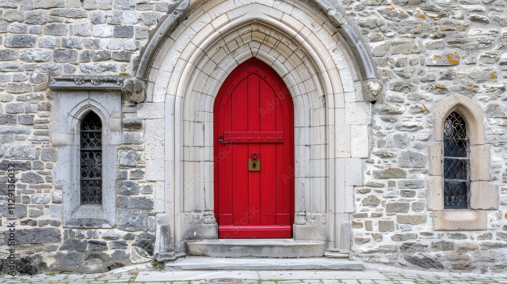 Majestic Red Church Door Surrounded by Intricate Stone Architecture Majestic Red Church Door Surrounded by Intricate Stone Architecture
