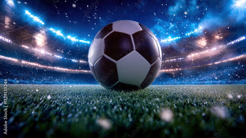 Fototapeta premium Exciting football match stadium sports photography nighttime low angle thrilling atmosphere with dramatic lighting
