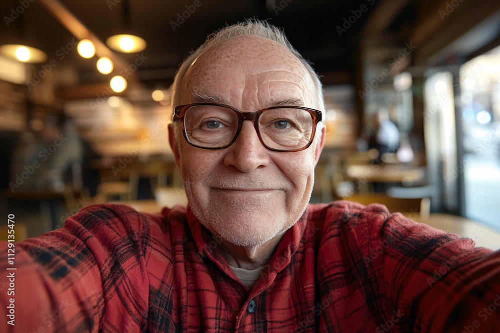 An elderly man with glasses, in a red flannel shirt, sitting at a coffee shop, taking a selfie with a content smile, soft indoor lighting 1 An elderly man with glasses, in a red flannel shirt, sitting at a coffee shop, taking a selfie with a content smile, soft indoor lighting 1
