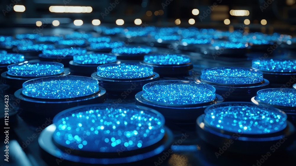 Glowing Blue Gel Surface in Modern Scientific Laboratory Setting with Background Lights Glowing Blue Gel Surface in Modern Scientific Laboratory Setting with Background Lights