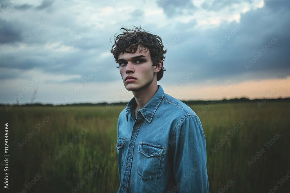 A young man standing in the middle of a grassy field, wearing a denim shirt, his face reflecting deep longing under a cloudy sky, soft light enhances the nostalgic mood 2 A young man standing in the middle of a grassy field, wearing a denim shirt, his face reflecting deep longing under a cloudy sky, soft light enhances the nostalgic mood 2