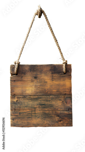 Wooden sign hanging on a rope on transparent background, clipping path photo