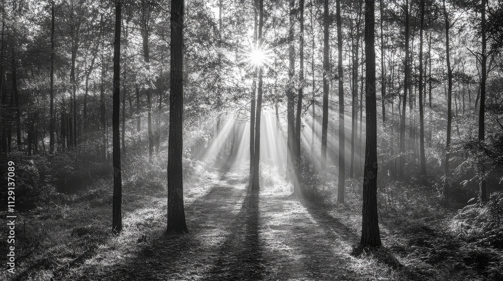Naklejka premium A serene black-and-white forest scene with sun rays filtering through tall trees.