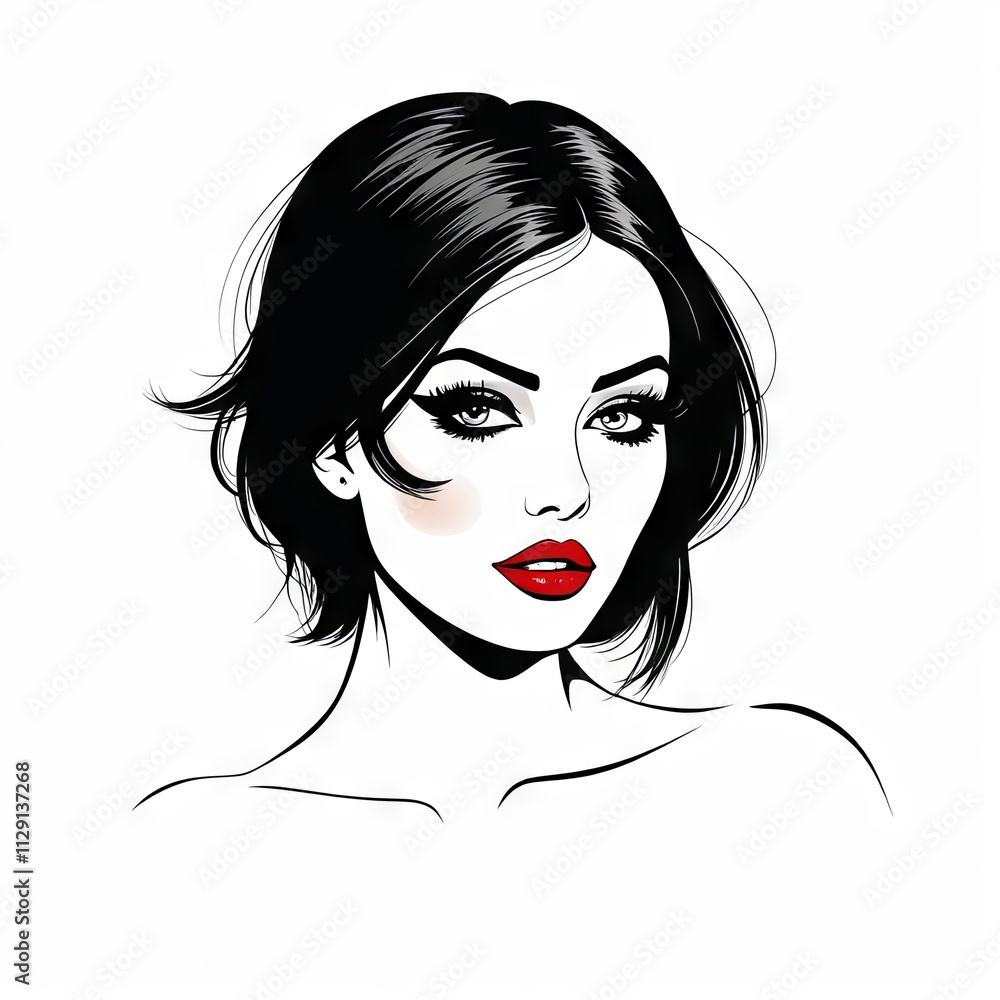 Stylish illustration of a woman with bold red lips and short black hair against a simple background Stylish illustration of a woman with bold red lips and short black hair against a simple background