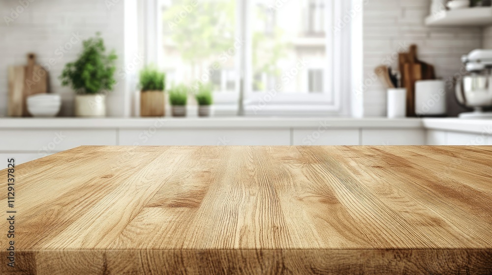 Wooden light empty table top in modern white kitchen, kitchen panel in interior Wooden light empty table top in modern white kitchen, kitchen panel in interior