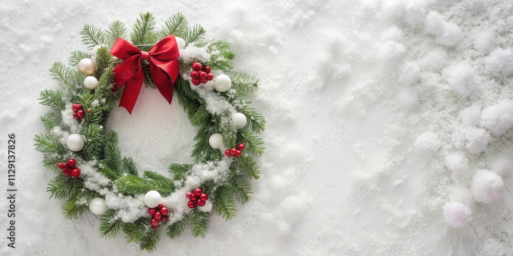 A festive evergreen wreath adorned with red berries and white ornaments rests on a bed of pristine white snow, creating a charming winter wonderland scene. A festive evergreen wreath adorned with red berries and white ornaments rests on a bed of pristine white snow, creating a charming winter wonderland scene.
