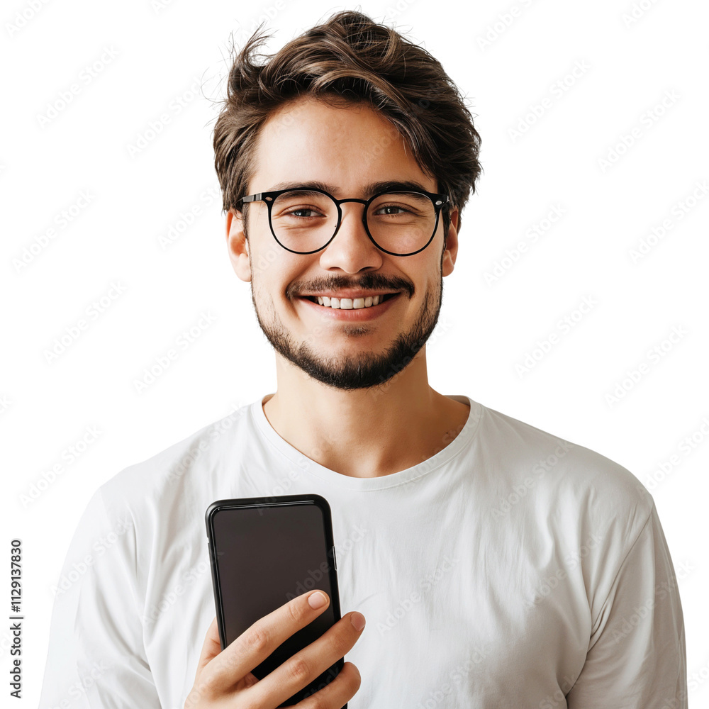Young handsome man holding a smartphone, smiling and wearing glasses, isolated on transparent background Young handsome man holding a smartphone, smiling and wearing glasses, isolated on transparent background