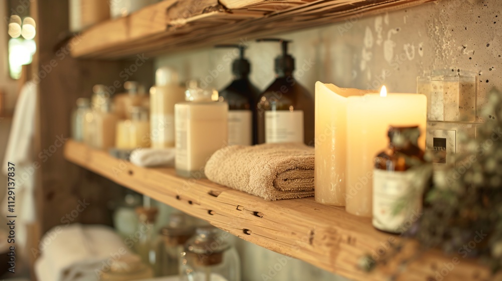 Warm and inviting rustic wooden shelves displaying an assortment of organic bath products soy candles and fluffy towels creating a cozy and tranquil spa like atmosphere in a bathroom setting Warm and inviting rustic wooden shelves displaying an assortment of organic bath products soy candles and fluffy towels creating a cozy and tranquil spa like atmosphere in a bathroom setting
