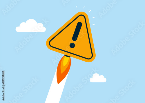 Exclamation attention sign skyrocket reaching sky. Investigate and management incident. Root cause analysis or solving problem, identify risk or critical failure concept. Flat vector illustration