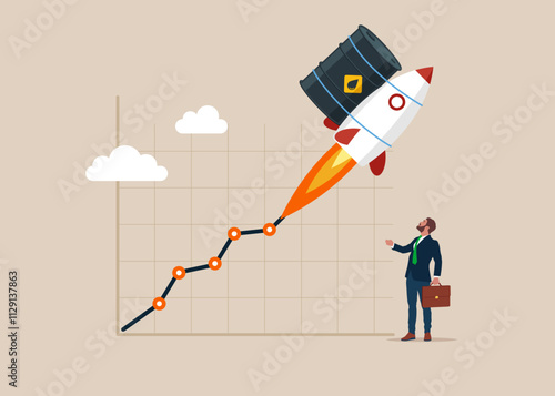 Rocket with crude oil barrel flying high up into the sky. Price skyrocket reaching record. Modern flat style vector illustration