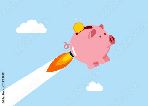 Piggy bank skyrocket reaching record. Inflation and price concept. Modern vector illustration in flat style