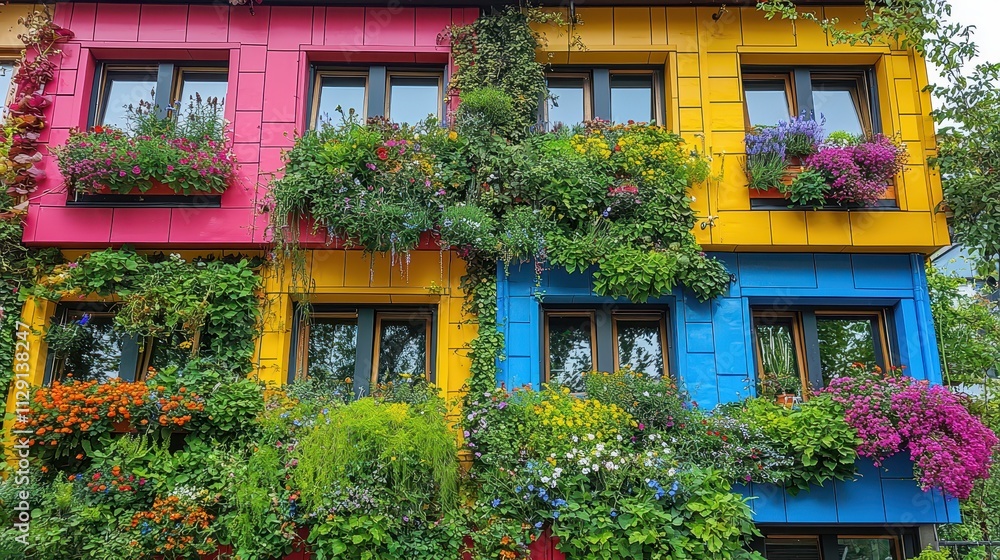 Vibrant Colorful Building Facade Covered in Lush Greenery and Flowering Plants Vibrant Colorful Building Facade Covered in Lush Greenery and Flowering Plants