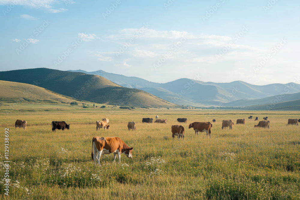 Obraz premium A serene landscape with cows grazing in a lush field against rolling hills.