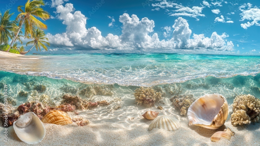 Tropical beach with clear water and colorful shells. The sun shines brightly over sandy shores and lush palm trees sway gently in the warm breeze, inviting relaxation and peace. Tropical beach with clear water and colorful shells. The sun shines brightly over sandy shores and lush palm trees sway gently in the warm breeze, inviting relaxation and peace.
