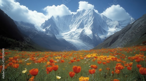 Vibrant orange poppies bloom in a valley before a majestic snow-capped mountain range under a partly cloudy sky. photo