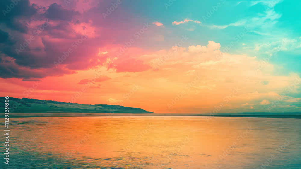 Fototapeta premium A serene sunset over calm waters, blending vibrant colors in the sky and reflection on the surface.