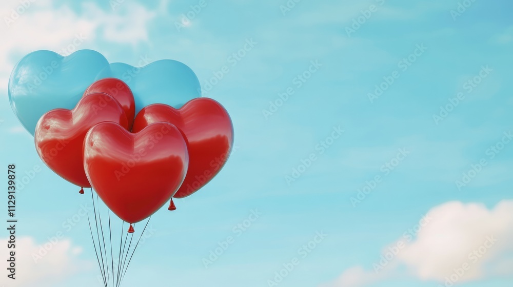 A heart-shaped balloon bouquet floating against a blue sky A heart-shaped balloon bouquet floating against a blue sky