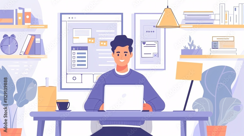 Focused young man working at desk with laptop computer in a modern and organized office environment surrounded by books and office supplies in a casual yet professional setting Focused young man working at desk with laptop computer in a modern and organized office environment surrounded by books and office supplies in a casual yet professional setting