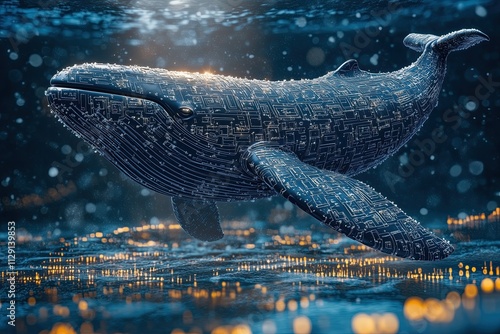 Whale breaching over a bitcoin sea chart