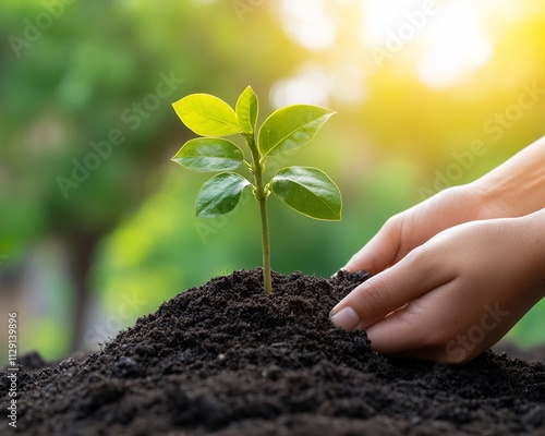 Hands planting a young seedling in rich soil.