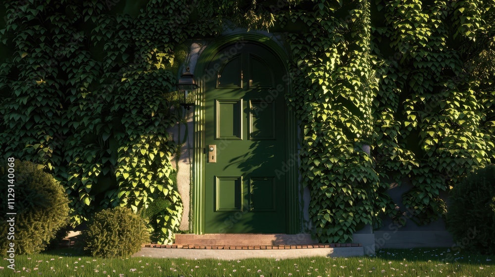 Obraz premium Enchanting Green Door Surrounded by Lush Foliage in a Tranquil Garden