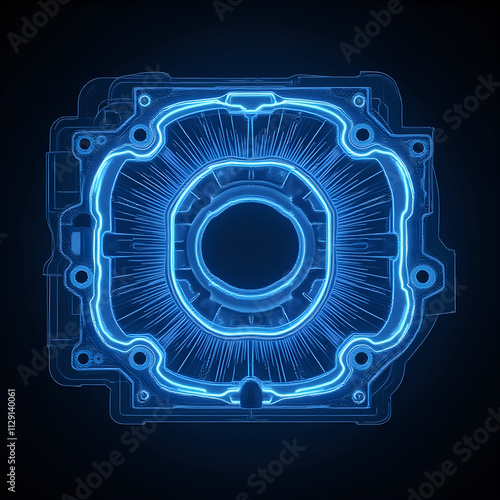 The image displays a technical diagram featuring a blue-lit circular structure with radiating lines, set against a dark background. photo