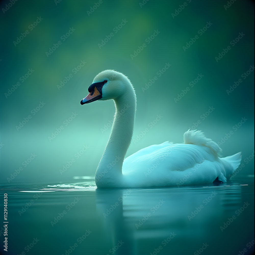 Fototapeta premium A serene image of a white swan gliding on calm water, its reflection visible on the surface.