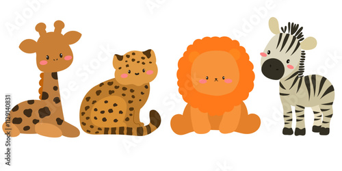 cute safari animals including giraffe, cheetah, lion, and zebra with playful expressions