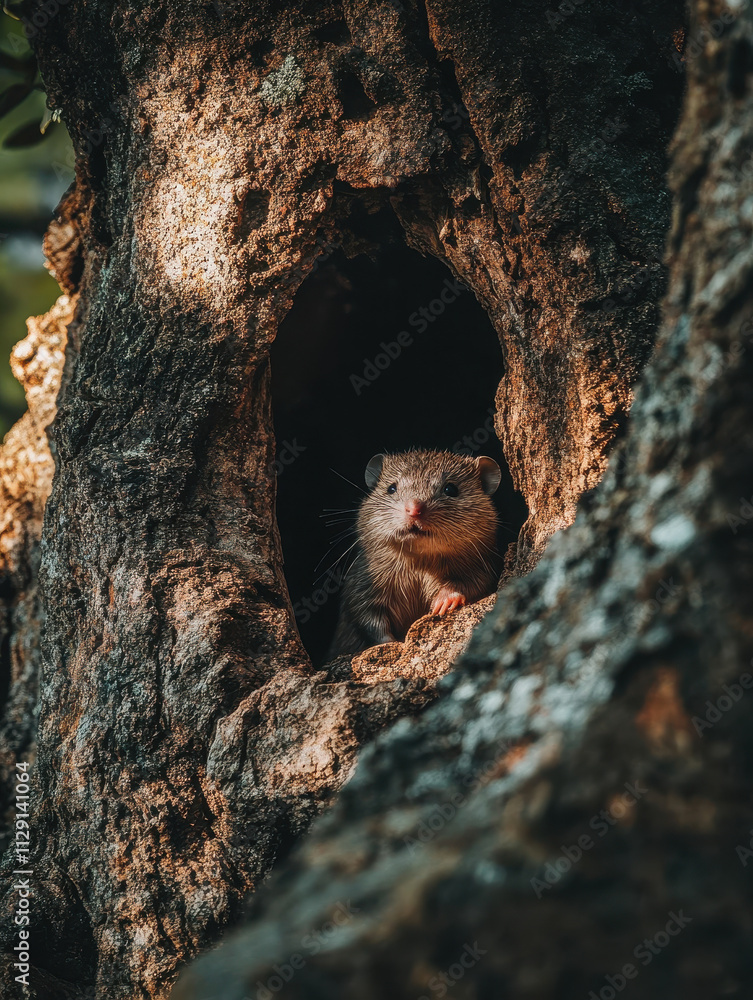 Obraz premium A small animal peeks out from a hollow in a tree, illuminated by dappled sunlight.