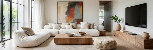 Minimalist, scandinavian, boho style interior design of modern living room with rustic furniture and tv on beige wall.