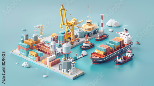 vibrant 3D illustration of busy shipping port with cargo ships, containers, and cranes, showcasing industrial activity and maritime logistics