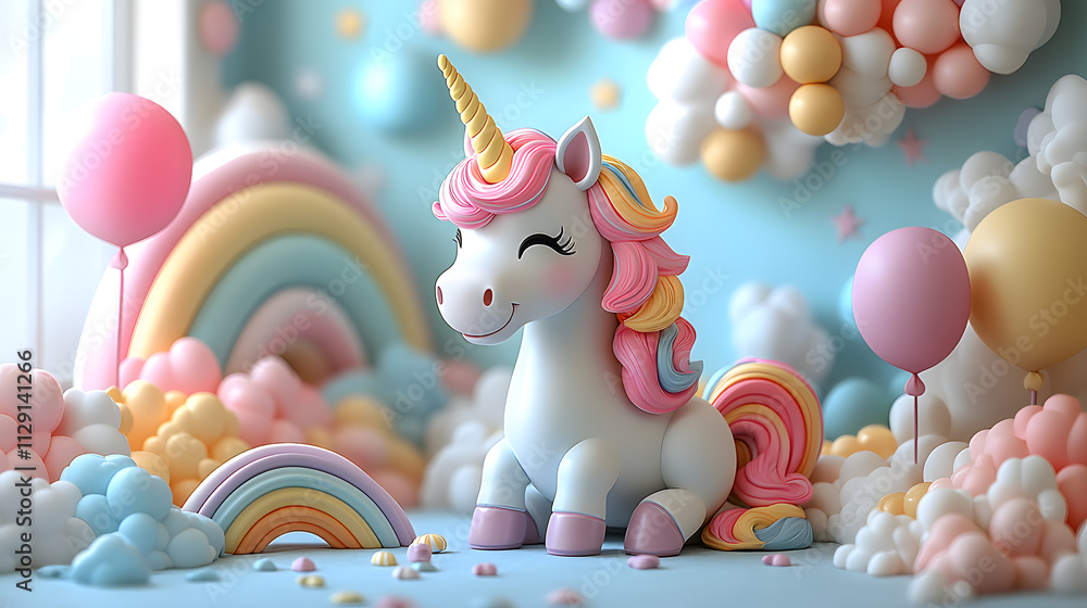 A cartoon-style scene showing a playful unicorn with a mischievous grin, surrounded by floating balloons, rainbows, and candy clouds, bringing a sense of fun and whimsy to the design.