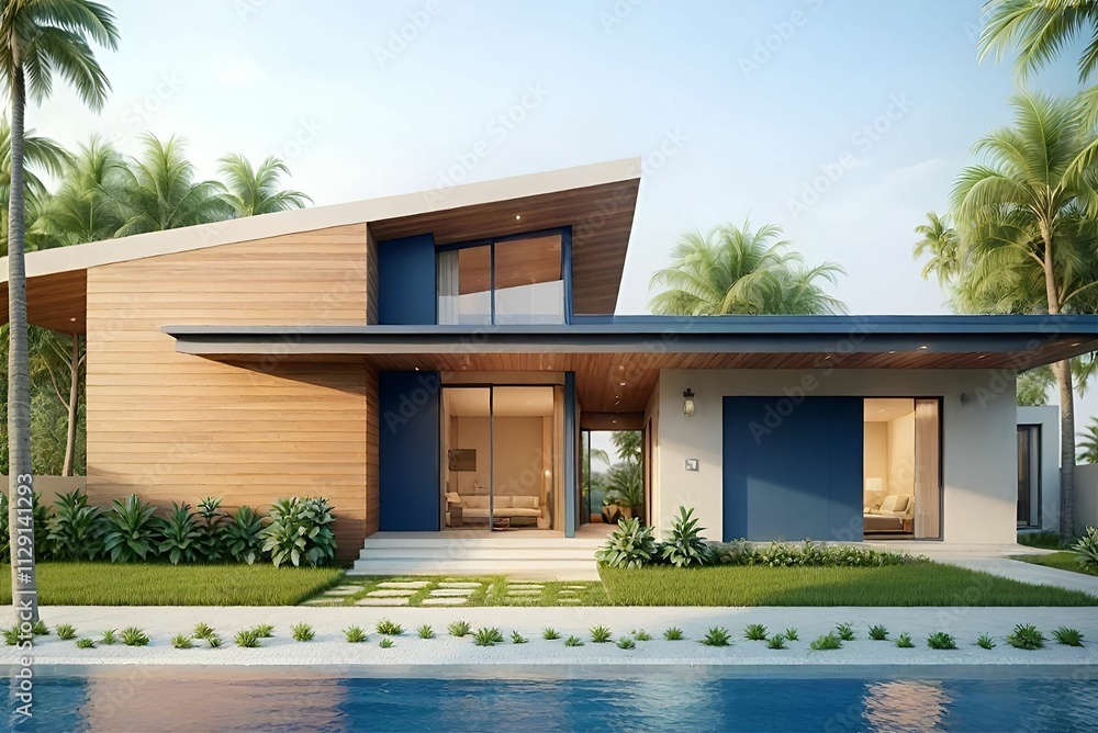 Modern minimalist ranch style private house with mono pitch roof. Walls ...
