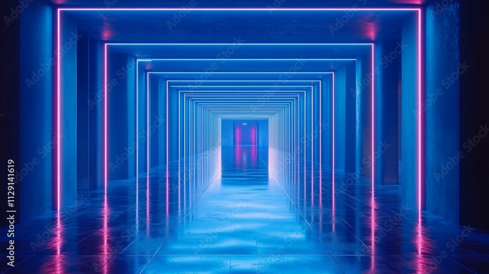 Neon-lit hallway with glowing pink and blue lines. Neon-lit hallway with glowing pink and blue lines.