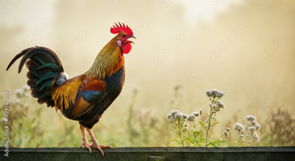Vibrant rooster crowing at sunrise in serene countryside landscape