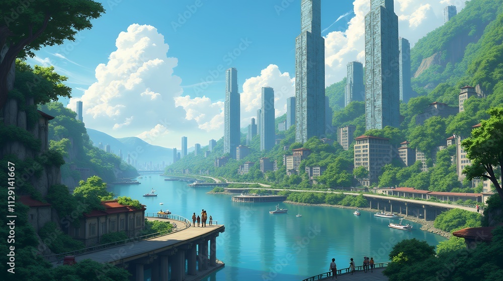 Fototapeta premium Serene Cityscape: Futuristic Metropolis nestled in Lush Green Mountains alongside a Tranquil River