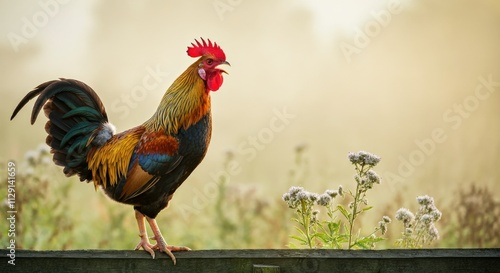 Obraz na płótnie Vibrant rooster crowing at sunrise in serene countryside landscape w salonie
