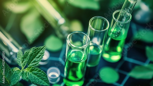 A vibrant arrangement of test tubes filled with green liquid, surrounded by fresh leaves, representing scientific research and botanical studies.