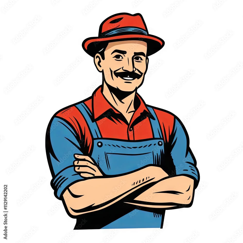 Smiling man in a red shirt and hat with arms crossed, embodying a classic laborer look with overalls Smiling man in a red shirt and hat with arms crossed, embodying a classic laborer look with overalls
