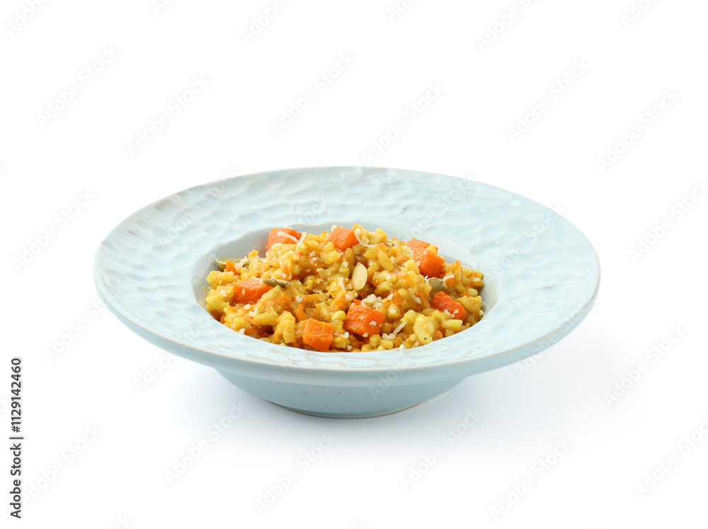 Delicious pumpkin risotto in bowl isolated on white Delicious pumpkin risotto in bowl isolated on white