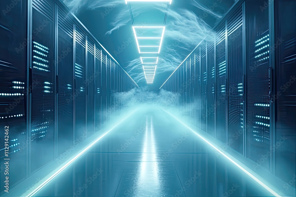 Futuristic corridor illuminated by neon lights and enveloped in mist creates an enchanting atmosphere in a technology hub. Generative AI Futuristic corridor illuminated by neon lights and enveloped in mist creates an enchanting atmosphere in a technology hub. Generative AI