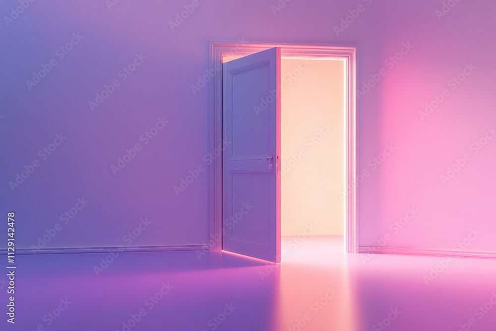 A softly lit open door in a gradient of purple and pink hues. A softly lit open door in a gradient of purple and pink hues.