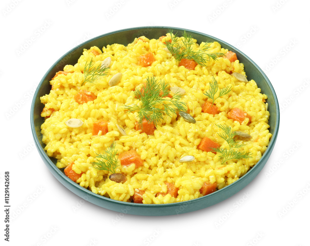 Delicious pumpkin risotto in bowl isolated on white Delicious pumpkin risotto in bowl isolated on white