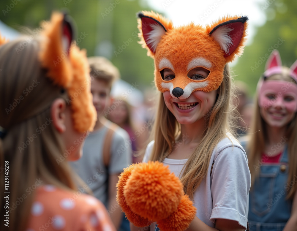 Two happy girls in the fox masks and mittens on the summer festival. Quadrober subculture. AI generation. Two happy girls in the fox masks and mittens on the summer festival. Quadrober subculture. AI generation.